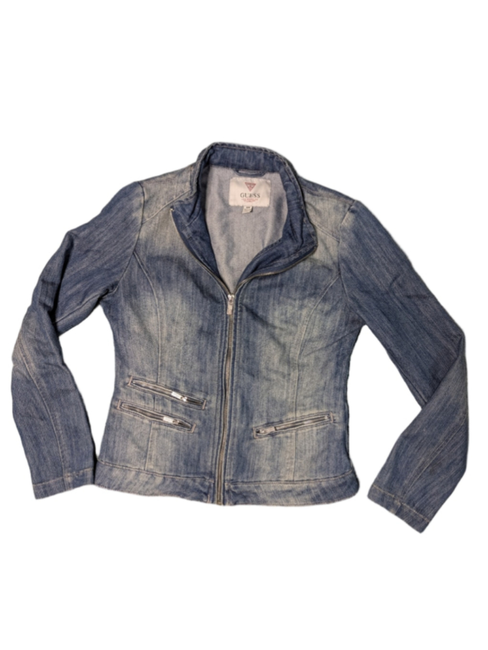 Vintage GUESS Blue Denim Moto Jacket Full Zip Up Biker Jean Coat Womens M